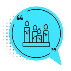 Black line Burning candle icon isolated on white background. Cylindrical aromatic candle stick with burning flame. Happy Halloween party. Blue speech bubble symbol. Vector