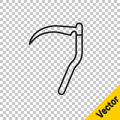 Black line Scythe icon isolated on transparent background. Happy Halloween party. Vector