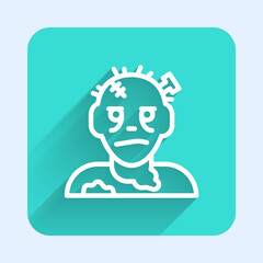 White line Zombie mask icon isolated with long shadow. Happy Halloween party. Green square button. Vector