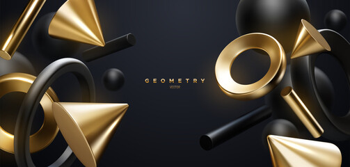 Black and golden geometric shapes backdrop. Abstract elegant background.
