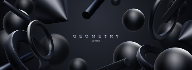 Fototapeta Black geometric 3d shapes backdrop. Abstract elegant background. obraz