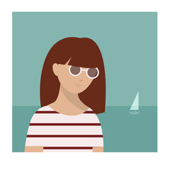 summer time woman beach boat sand sea palm tree vector illustration