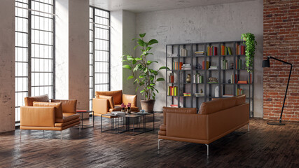 Illustration 3D rendering large luxury modern bright interiors Living room mockup computer digitally generated image