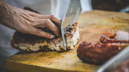 crispy pork on cutting board