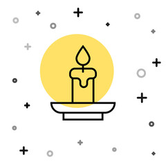 Obraz premium Black line Burning candle icon isolated on white background. Cylindrical aromatic candle stick with burning flame. Happy Halloween party. Random dynamic shapes. Vector