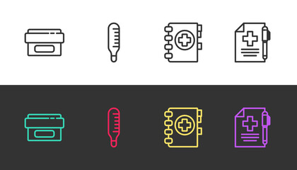 Set line Ointment cream tube medicine, Medical thermometer, clipboard and prescription and pen on black and white. Vector