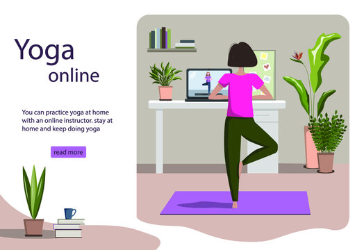 Yoga online concept with young woman doing yoga exercise at home with online classes on laptop with instructor. Live stream, internet training. Cozy modern interior. Home office
