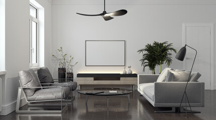 Illustration 3D rendering large luxury modern bright interiors Living room mockup computer digitally generated image