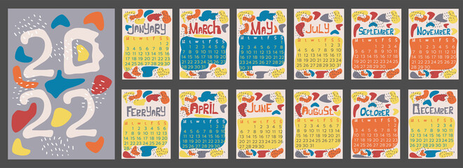 Calendar template 2022. Beginning of the week is Monday. Calendar for viewing dates. Abstract decorations in a hand-made flat style. Vector illustration - obrazy, fototapety, plakaty
