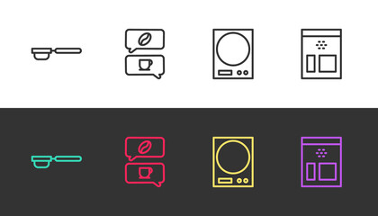 Set line Coffee filter holder, and conversation, Electronic scales and Bag coffee beans on black and white. Vector