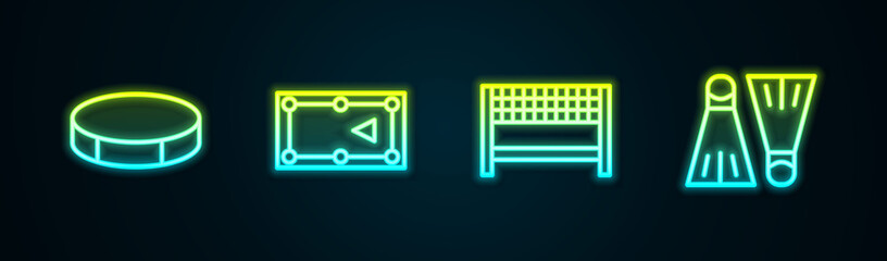 Set line Hockey puck, Billiard table, Ribbon in finishing line and Rubber flippers for swimming. Glowing neon icon. Vector © Kostiantyn