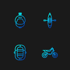 Set line Mountain bike, Rafting boat, Helmet and action camera and Kayak or canoe. Gradient color icons. Vector