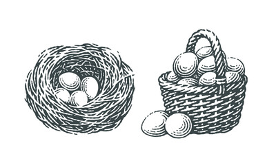 Forest, farm, chicken, bird nest with four eggs into it and basket with eggs.
Hand drawn engraving vintage style vector illustrations.