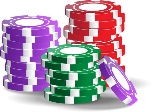 Vector image of the pocker casino chips of the different colors ( red, violet, green ) isolated on the white background.