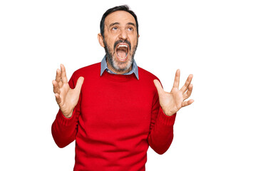 Middle age hispanic man wearing casual clothes crazy and mad shouting and yelling with aggressive expression and arms raised. frustration concept.