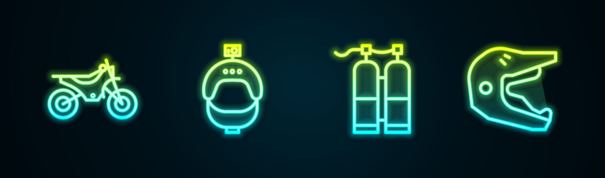 Set line Mountain bike, Helmet and action camera, Aqualung and Motocross motorcycle helmet. Glowing neon icon. Vector