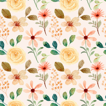 Seamless pattern of yellow rose flower watercolor