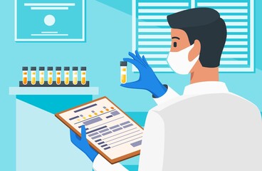Physician or Healthcare Professional Checking Out Labeled Urine Test Vial in Medical Laboratory Flat Design Vector Illustration.