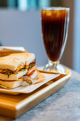 Ice americano, sandwich, tasty smoked beef panino