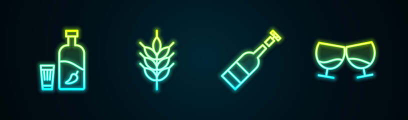 Set line Vodka with pepper and glass, Hop, Opened bottle of wine and Glass cognac or brandy. Glowing neon icon. Vector