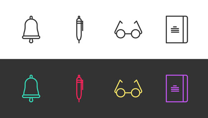 Set line Ringing bell, Pen, Glasses and Spiral notebook on black and white. Vector