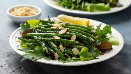 Grilled French beans salad with almond flakes,Vegan vegetarian protein dish
