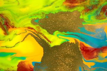Abstract bright marble pattern with golden glitter. Fluorescent artwork liquid paint background.