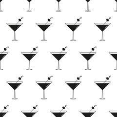 Black and white martini cocktail glasses with olives vector seamless pattern background.