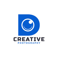 Letter D with Camera Lens Logo Design. Creative Letter Mark Suitable for Company Brand Identity, Entertainment, Photography, Business Logo Template