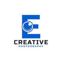Letter E with Camera Lens Logo Design. Creative Letter Mark Suitable for Company Brand Identity, Entertainment, Photography, Business Logo Template