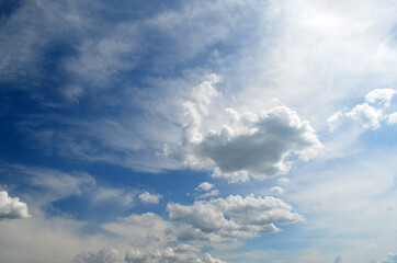 Obraz premium Blue sky white fluffy clouds background . Beautiful blue sky and white cumulus clouds abstract background. Cloudscape background.