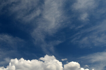 Blue sky white fluffy clouds background . Beautiful blue sky and white cumulus clouds abstract background. Cloudscape background.