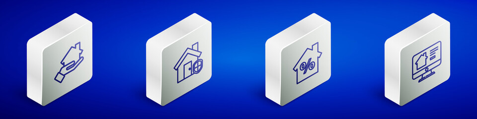 Set Isometric line Realtor, House under protection, with percant discount and Online real estate house icon. Vector