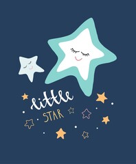 Kids poster.  Cute childish typography print star. Text little star. Blue dark colors. Vector Illustration Postcard baby room wall art Kids room decor