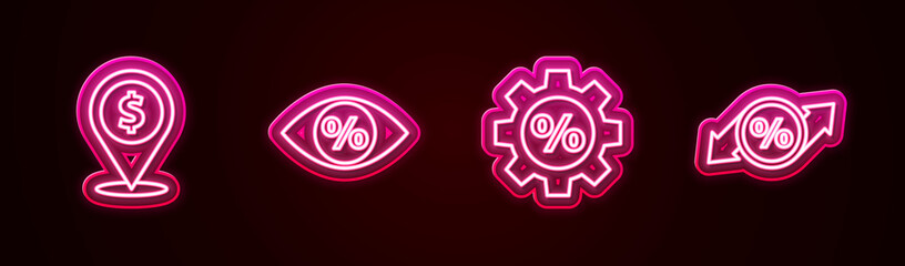 Set line Cash location, Eye with percent, Gear and Discount tag. Glowing neon icon. Vector