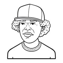 comic avatar of a boy with curls and cap. monochrome, outline.