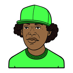 comic avatar of a black boy with curly hair and green cap.