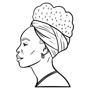 African Woman In Profile With Headscarf. Monochrome, Comic, Avatar, Outline.