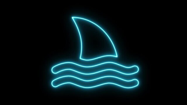 Linear neon animation of blue shark fin in waves on black background. Motion graphic, 4K video