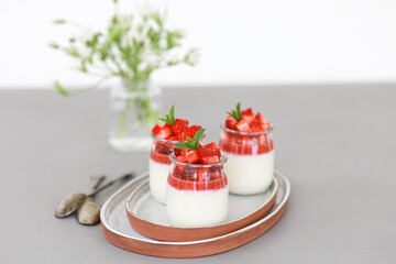 Italian dessert panna cotta with fruit jelly and fresh pieces of strawberries on gray background. Copy space