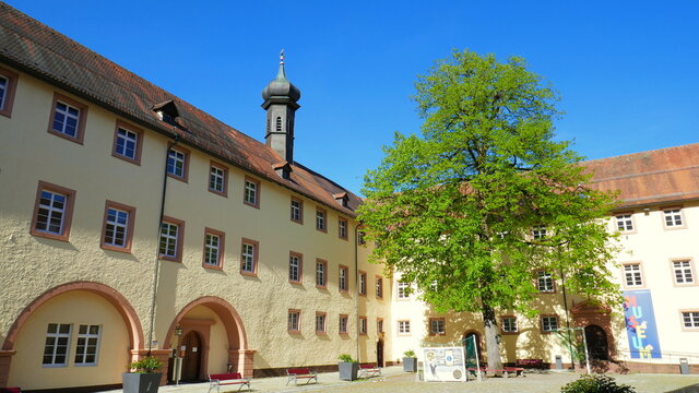 alter Schlosshof in Wolfach im Schwarzwald mit gr&uuml;nem Baum unter blauem Himmel