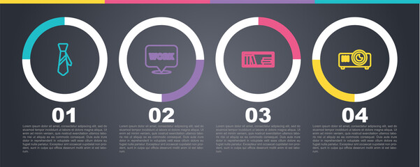 Set line Tie, Location with text work, Shelf books and Movie, film, media projector. Business infographic template. Vector