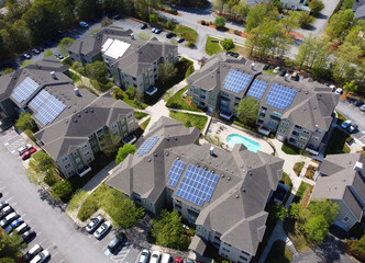 aerial view of apartment buildings in residential district