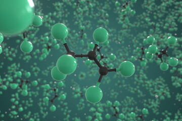 Molecule of hexachloropropene, ball-and-stick molecular model. Scientific 3d rendering