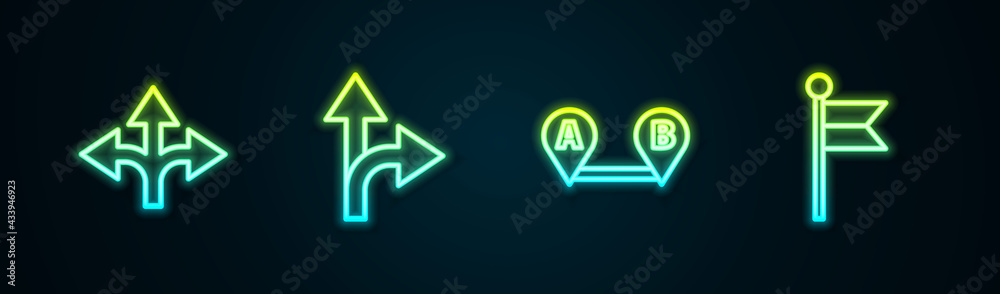 Poster set line road traffic sign, , route location and location marker. glowing neon icon. vector