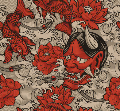 Seamless background in Japanese style with koi fish, Oni demon, and Japanese waves, this design can be used as a print for fabrics, phone cases, and many other creative products in the Japanese style