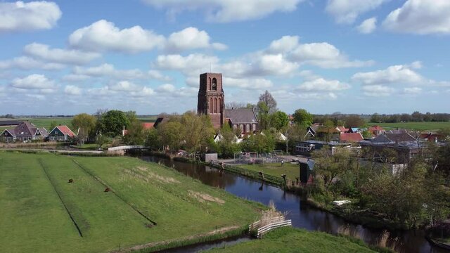 Dutch village Randsdorp with ancient church, Aerial