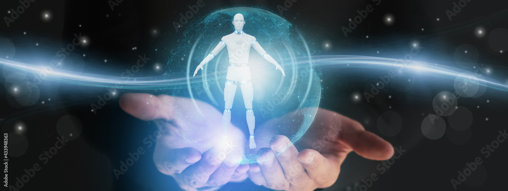 Wall mural businessman using digital artificial intelligence or ai interface with robot, analyze and process op