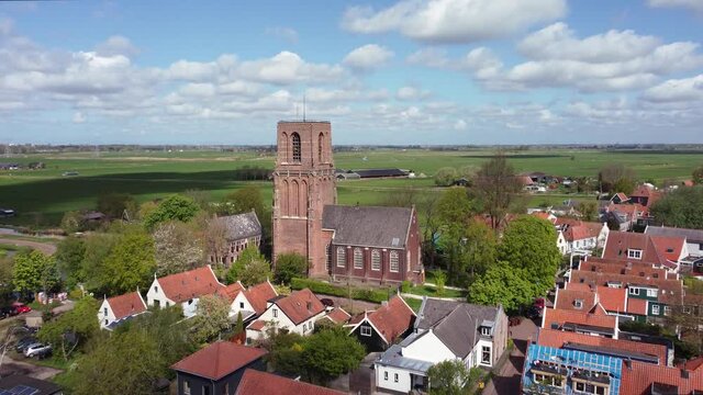 Dutch village Randsdorp with ancient church, Aerial