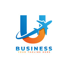 Letter U with Airplane Logo Design. Suitable for Tour and Travel, Start up, Logistic, Business Logo Template